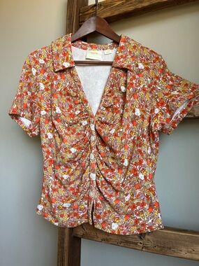Maeve Anthropologie Citrus Fruit Print Ruched Blouse XL Button Front